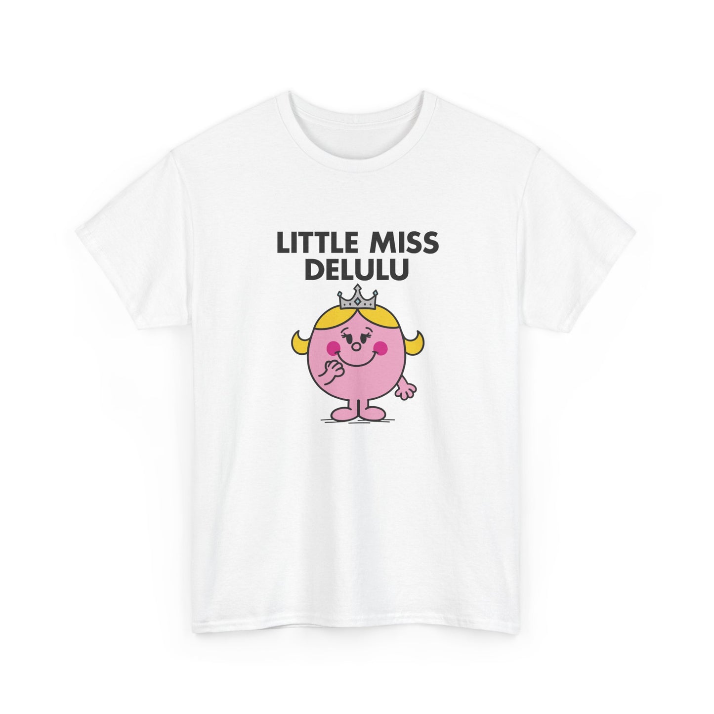 Front view of a white T-shirt featuring the Little Miss Delulu cartoon graphic. Part of the Little Miss Meme Character Collection. A Vivid Divergence Sensory Friendly Unisex Tee.
