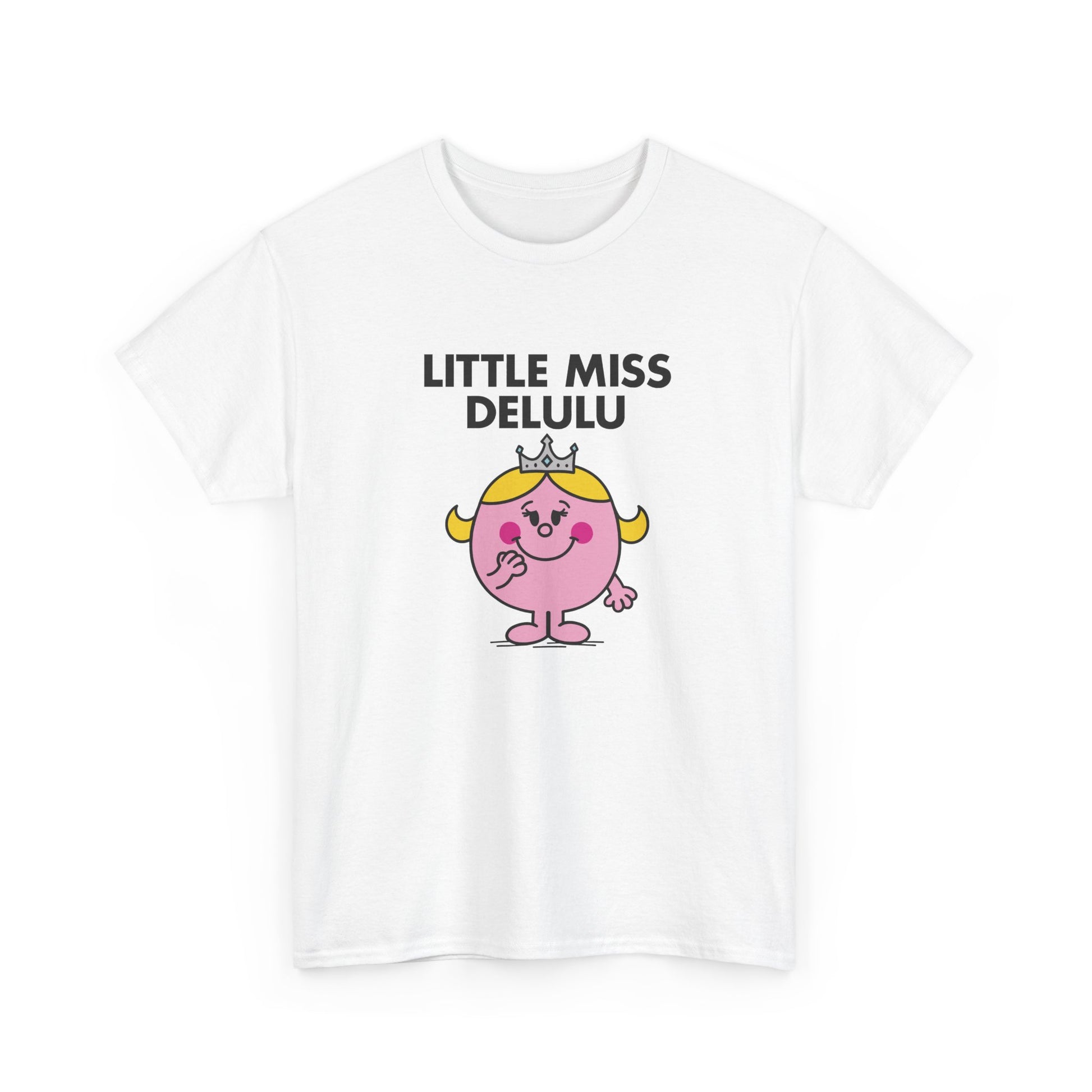 Front view of a white T-shirt featuring the Little Miss Delulu cartoon graphic. Part of the Little Miss Meme Character Collection. A Vivid Divergence Sensory Friendly Unisex Tee.
