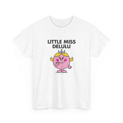 Front view of a white T-shirt featuring the Little Miss Delulu cartoon graphic. Part of the Little Miss Meme Character Collection. A Vivid Divergence Sensory Friendly Unisex Tee.
