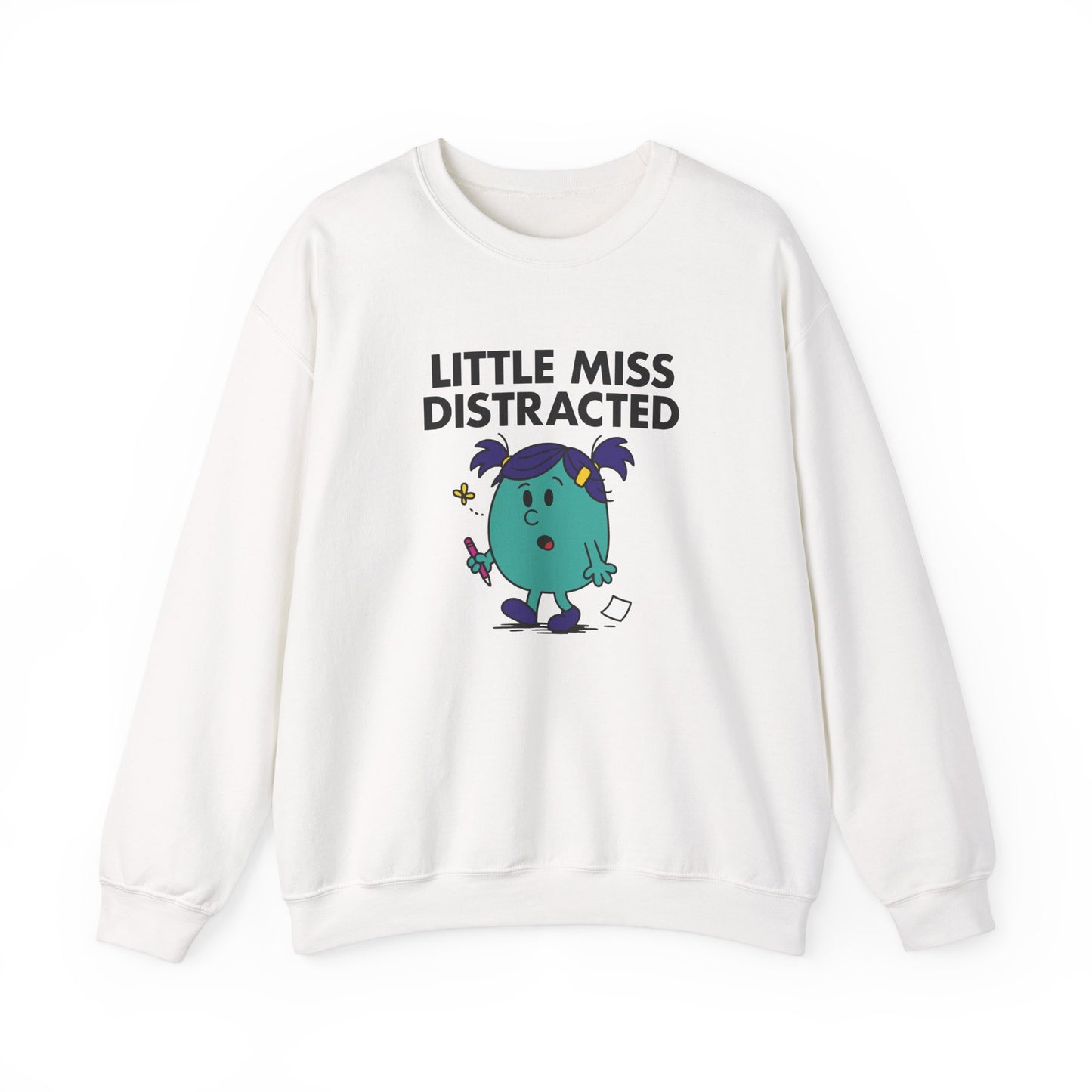 Front view of a white sweatshirt featuring the Little Miss Distracted cartoon graphic. Part of the Little Miss Meme Character Collection. A Vivid Divergence Sensory Friendly Sweater Jumper.
