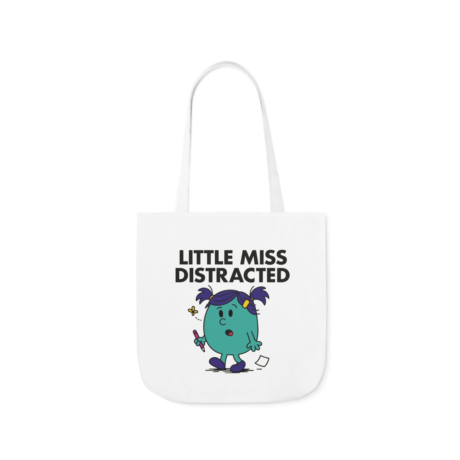 Front view of white canvas tote bag featuring teal character with wide eyes, raised hand, and stars swirling above her head. Text reads "Little Miss Distracted." She meant to focus, then got lost in a daydream. Part of the Vivid Divergence Little Miss Meme Collection!
