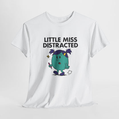 White Little Miss Distracted T-shirt laid flat to show full design. Part of the Little Miss Meme Character Collection. A Vivid Divergence Sensory Friendly Unisex Tee.
