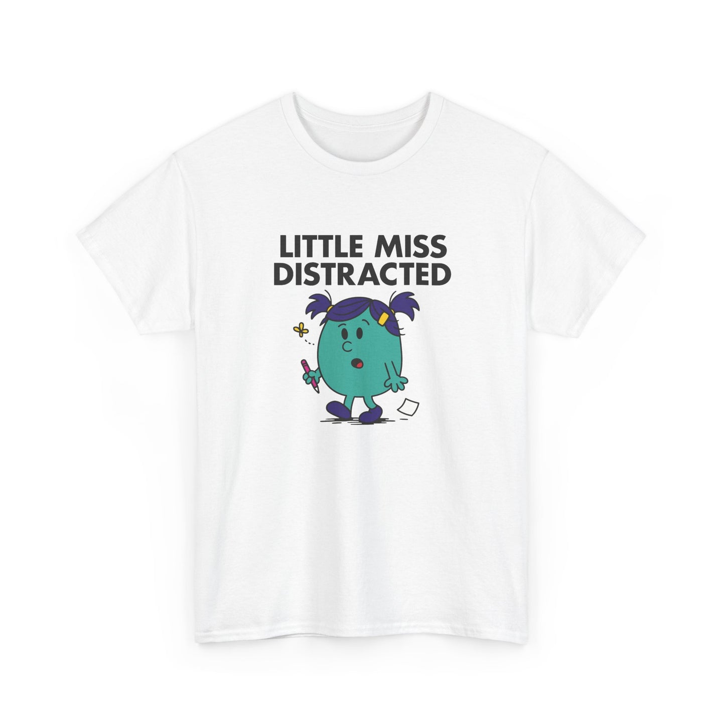 Front view of a white T-shirt featuring the Little Miss Distracted cartoon graphic. Part of the Little Miss Meme Character Collection. A Vivid Divergence Sensory Friendly Unisex Tee.
