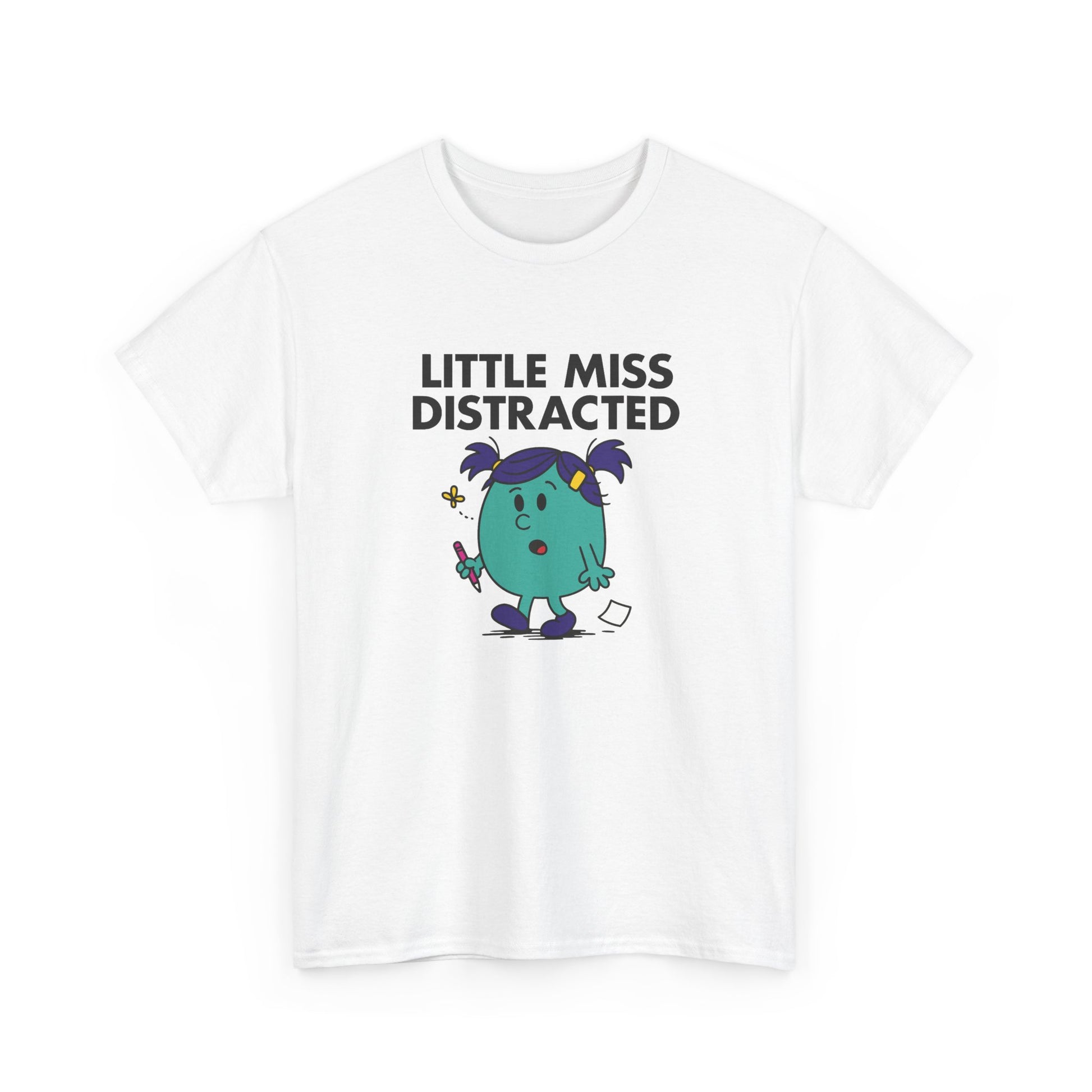 Front view of a white T-shirt featuring the Little Miss Distracted cartoon graphic. Part of the Little Miss Meme Character Collection. A Vivid Divergence Sensory Friendly Unisex Tee.
