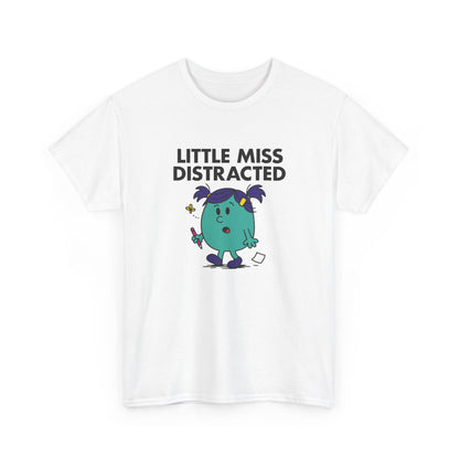 Front view of a white T-shirt featuring the Little Miss Distracted cartoon graphic. Part of the Little Miss Meme Character Collection. A Vivid Divergence Sensory Friendly Unisex Tee.

