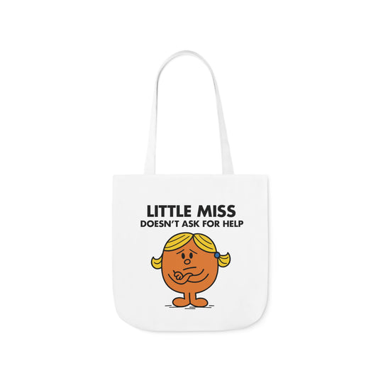 Front view of white canvas tote bag featuring orange character with arms crossed and closed eyes, looking stubborn under the text "Little Miss Doesn’t Ask For Help." Part of the Vivid Divergence Little Miss Meme Collection!
