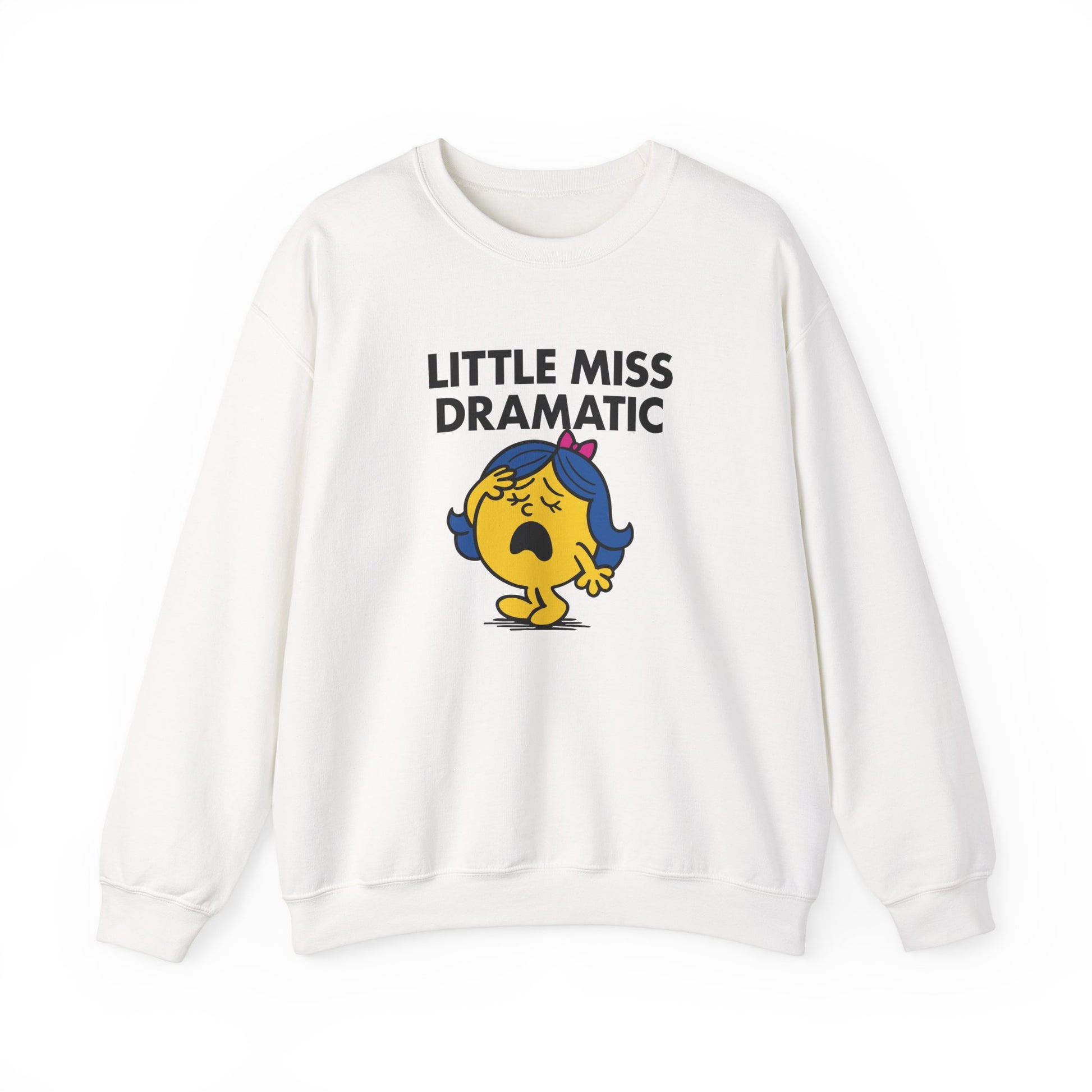 Front view of a white sweatshirt featuring the Little Miss Dramatic cartoon graphic. Part of the Little Miss Meme Character Collection. A Vivid Divergence Sensory Friendly Sweater Jumper.
