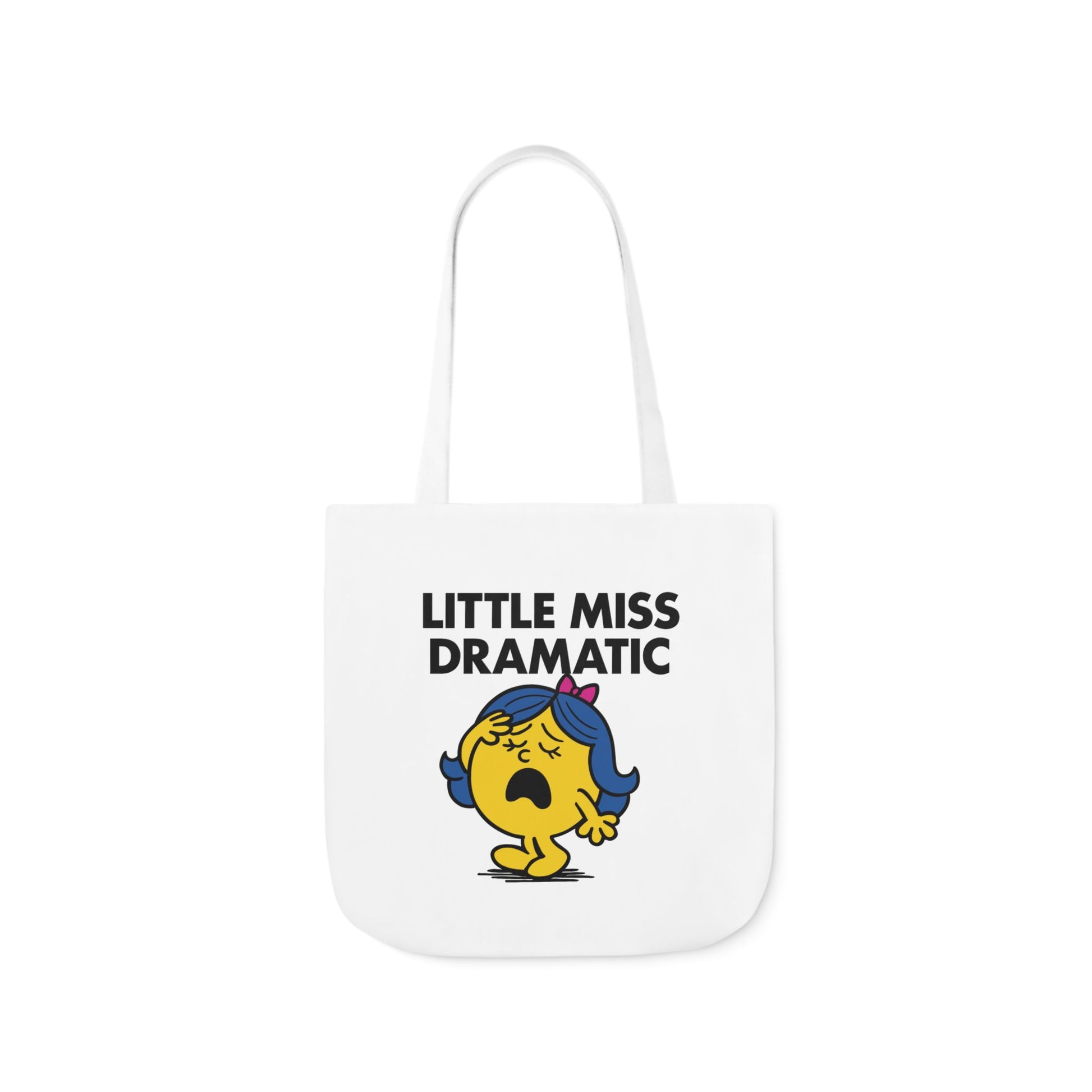 Front view of white canvas tote bag featuring yellow character with blue pigtails, hands to her face in full meltdown mode under the text "Little Miss Dramatic." Part of the Vivid Divergence Little Miss Meme Collection!
