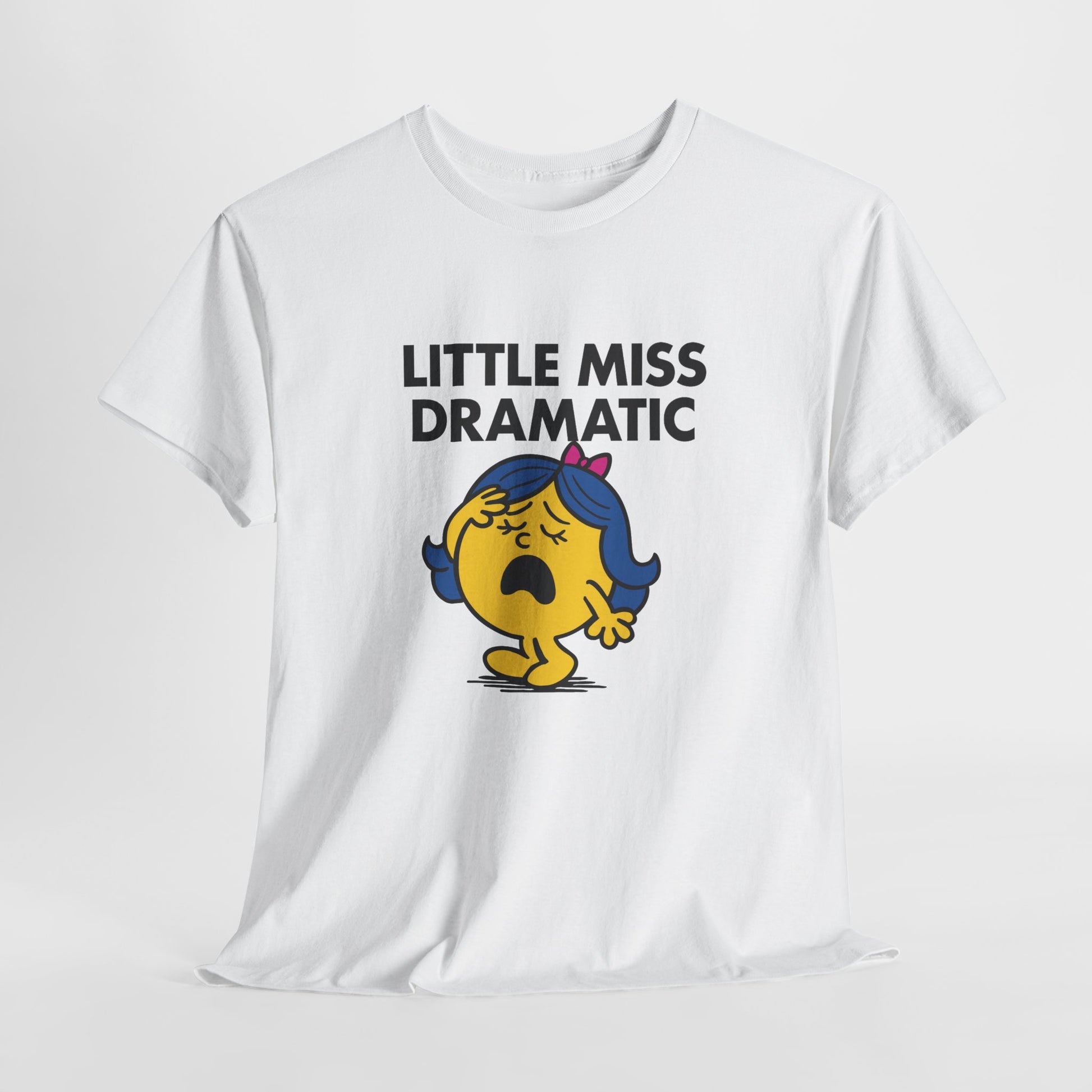 White Little Miss Dramatic T-shirt laid flat to showcase the full design. Part of the Little Miss Meme Character Collection. A Vivid Divergence Sensory Friendly Unisex Tee.
