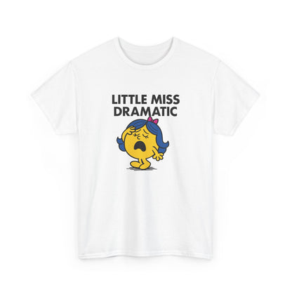 Front view of a white T-shirt featuring the Little Miss Dramatic cartoon graphic. Part of the Little Miss Meme Character Collection. A Vivid Divergence Sensory Friendly Unisex Tee.
