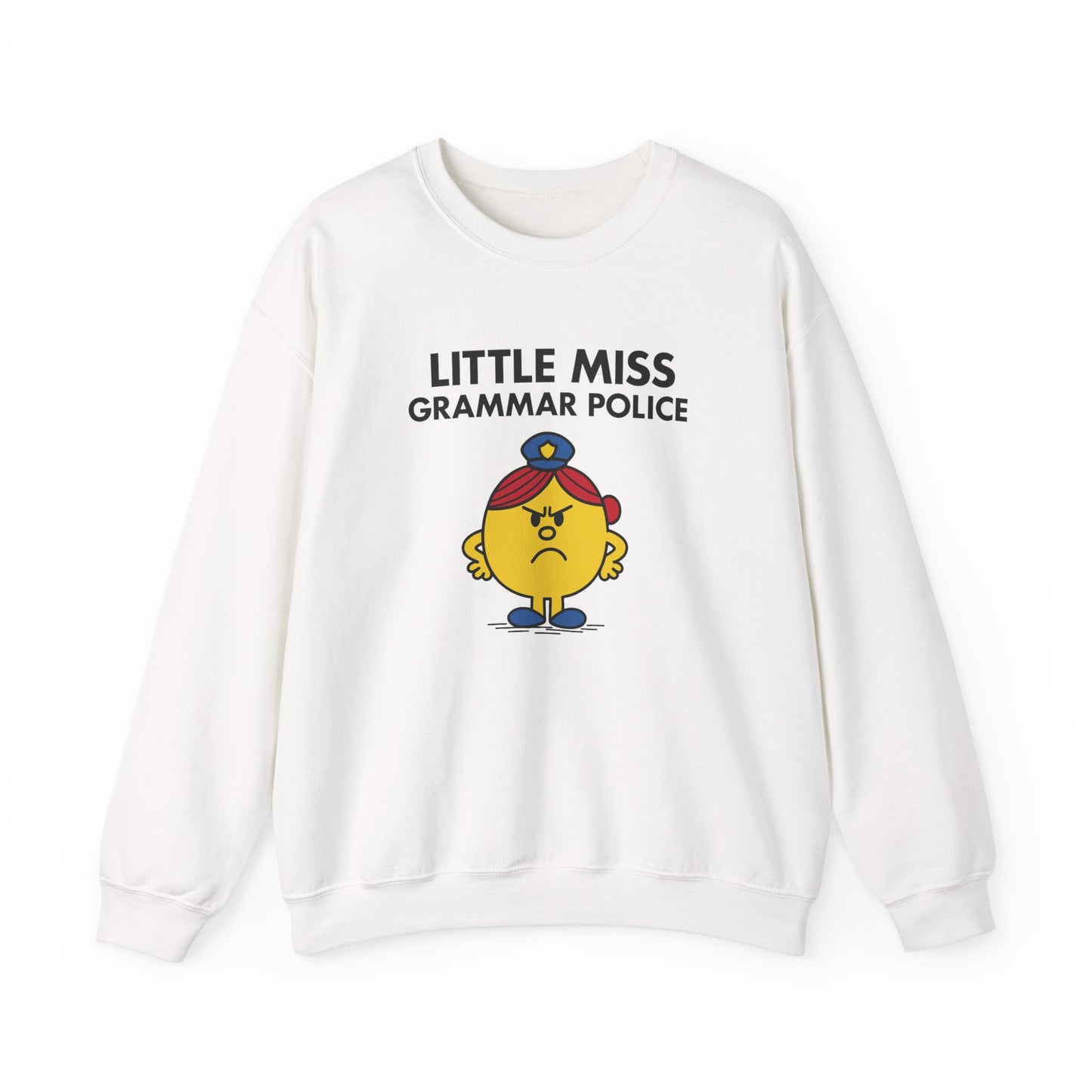 Front view of a white sweatshirt featuring the Little Miss Grammar Police cartoon graphic. Part of the Little Miss Meme Character Collection. A Vivid Divergence Sensory Friendly Sweater Jumper.
