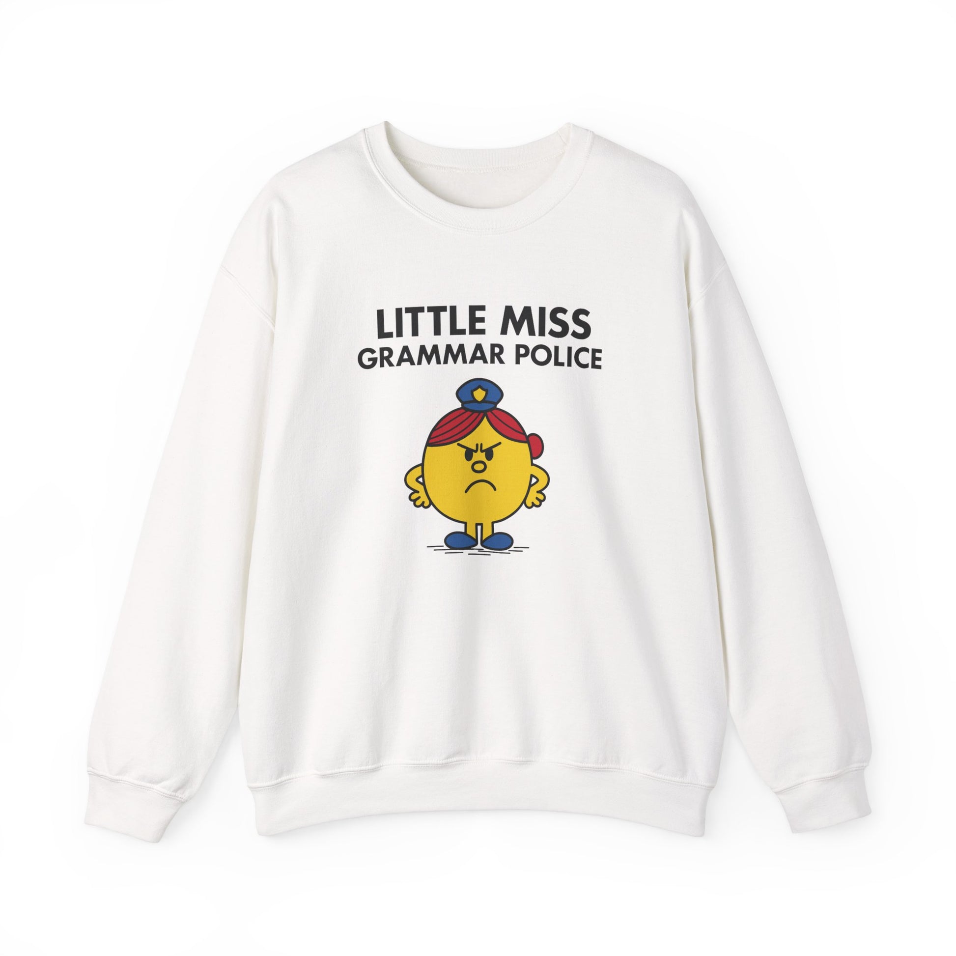 Front view of a white sweatshirt featuring the Little Miss Grammar Police cartoon graphic. Part of the Little Miss Meme Character Collection. A Vivid Divergence Sensory Friendly Sweater Jumper.
