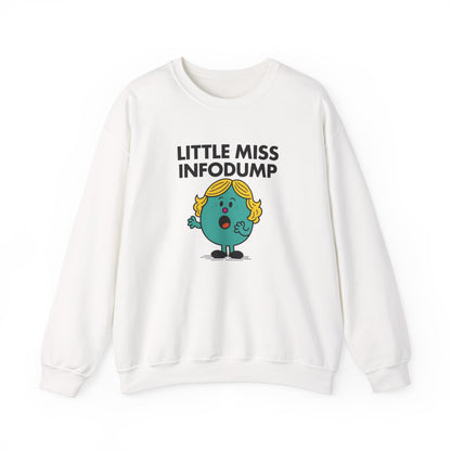 Front view of a white sweatshirt featuring the Little Miss Infodump cartoon graphic. Part of the Little Miss Meme Character Collection. A Vivid Divergence Sensory Friendly Sweater Jumper.
