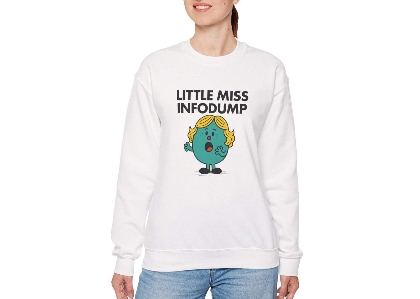 Person wearing the Little Miss Infodump sweatshirt with casual jeans. Part of the Little Miss Meme Character Collection. A Vivid Divergence Sensory Friendly Sweater Jumper.
