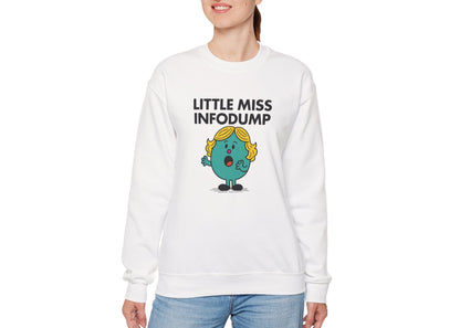 Person wearing the Little Miss Infodump sweatshirt with casual jeans. Part of the Little Miss Meme Character Collection. A Vivid Divergence Sensory Friendly Sweater Jumper.
