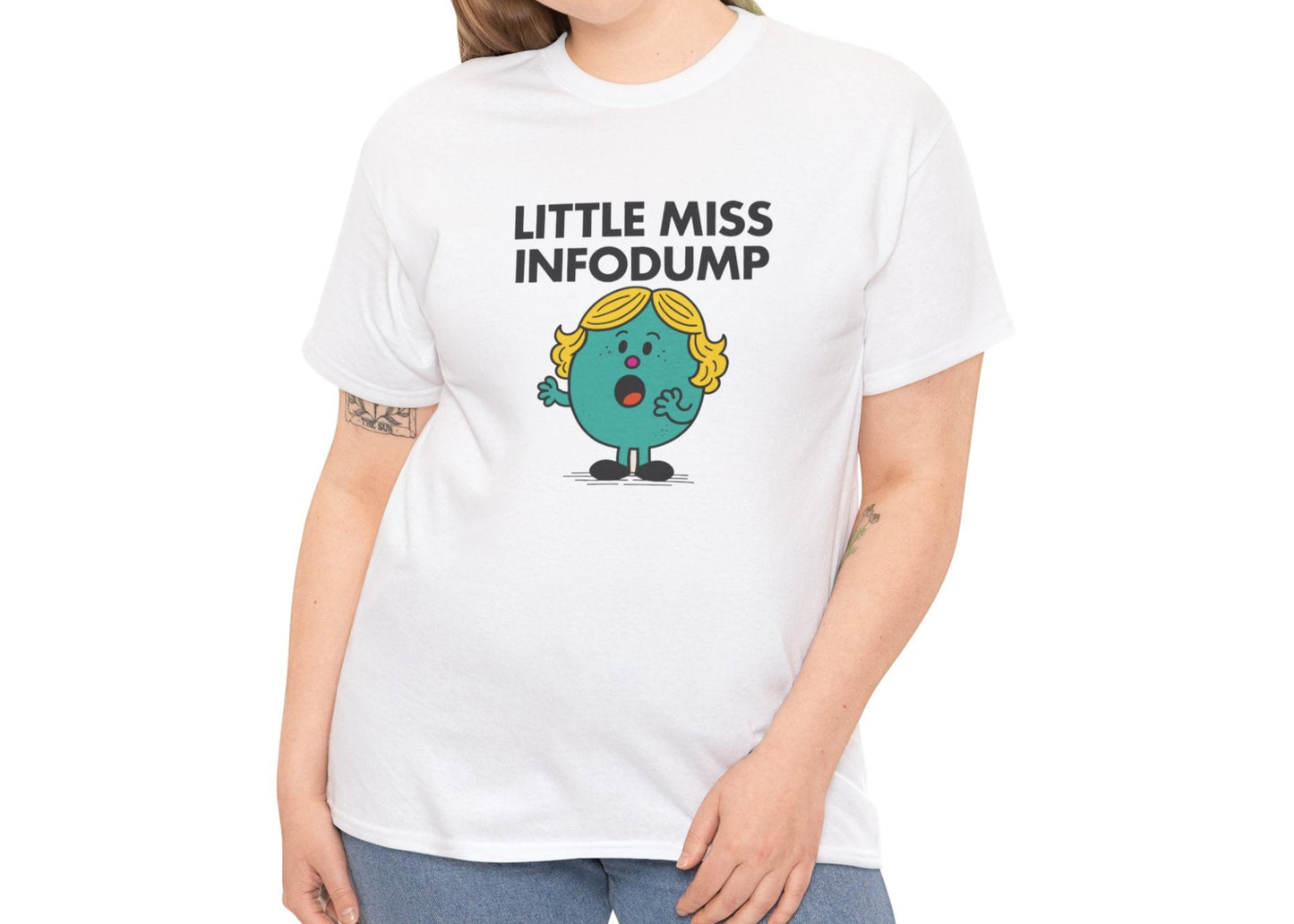 Person wearing the Little Miss Infodump T-shirt with casual jeans. Part of the Little Miss Meme Character Collection. A Vivid Divergence Sensory Friendly Unisex Tee.
