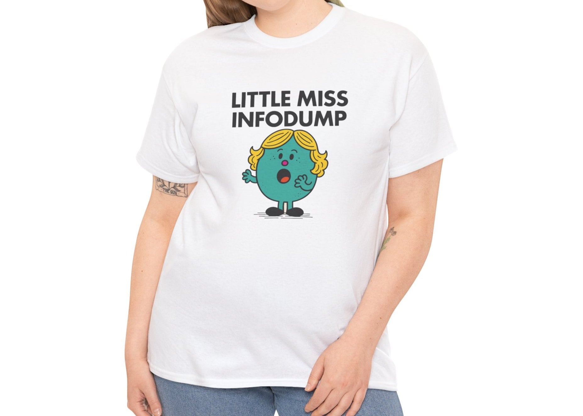 Person wearing the Little Miss Infodump T-shirt with casual jeans. Part of the Little Miss Meme Character Collection. A Vivid Divergence Sensory Friendly Unisex Tee.
