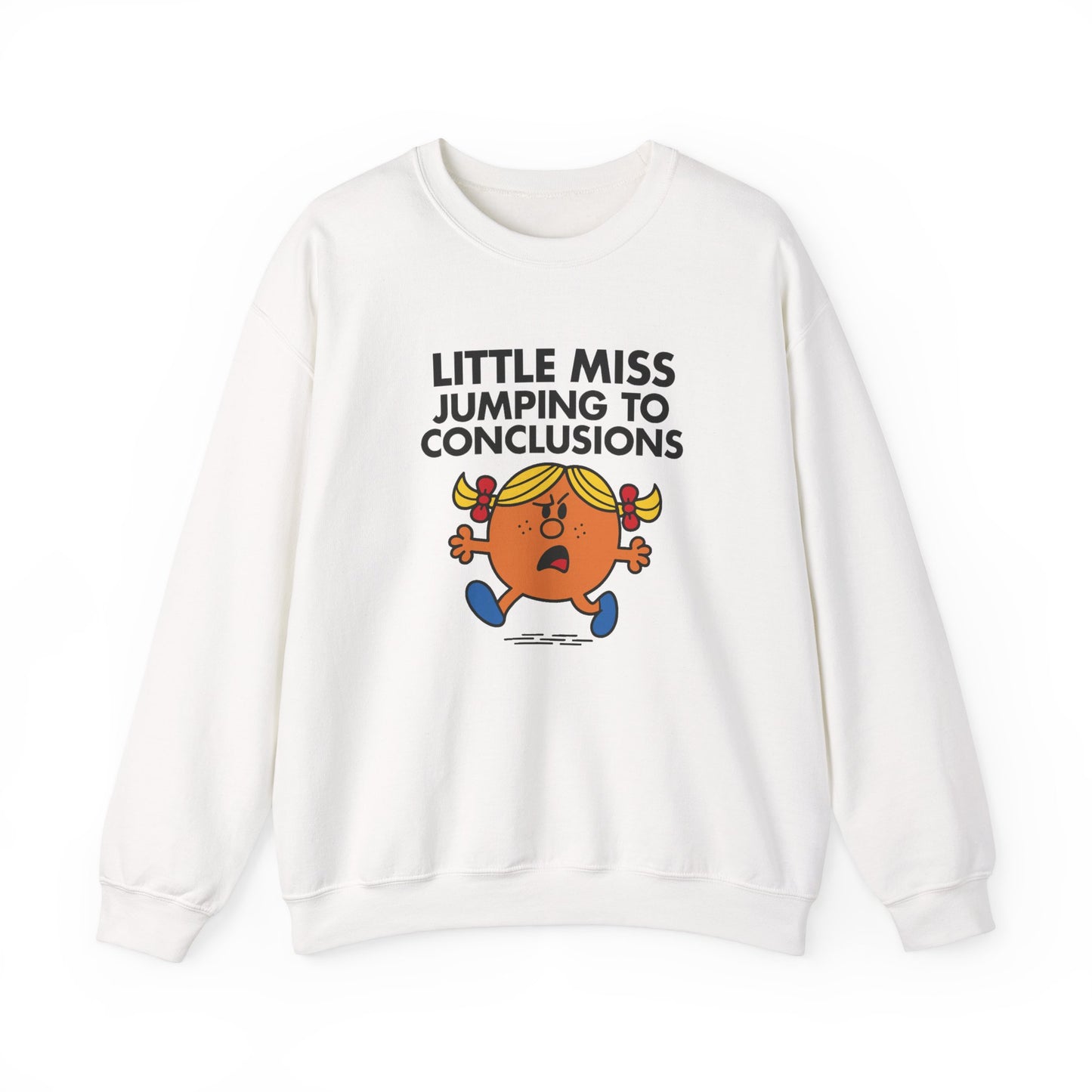 Front view of a white sweatshirt featuring the Little Miss Jumping To Conclusions cartoon graphic. Part of the Little Miss Meme Character Collection. A Vivid Divergence Sensory Friendly Sweater Jumper.
