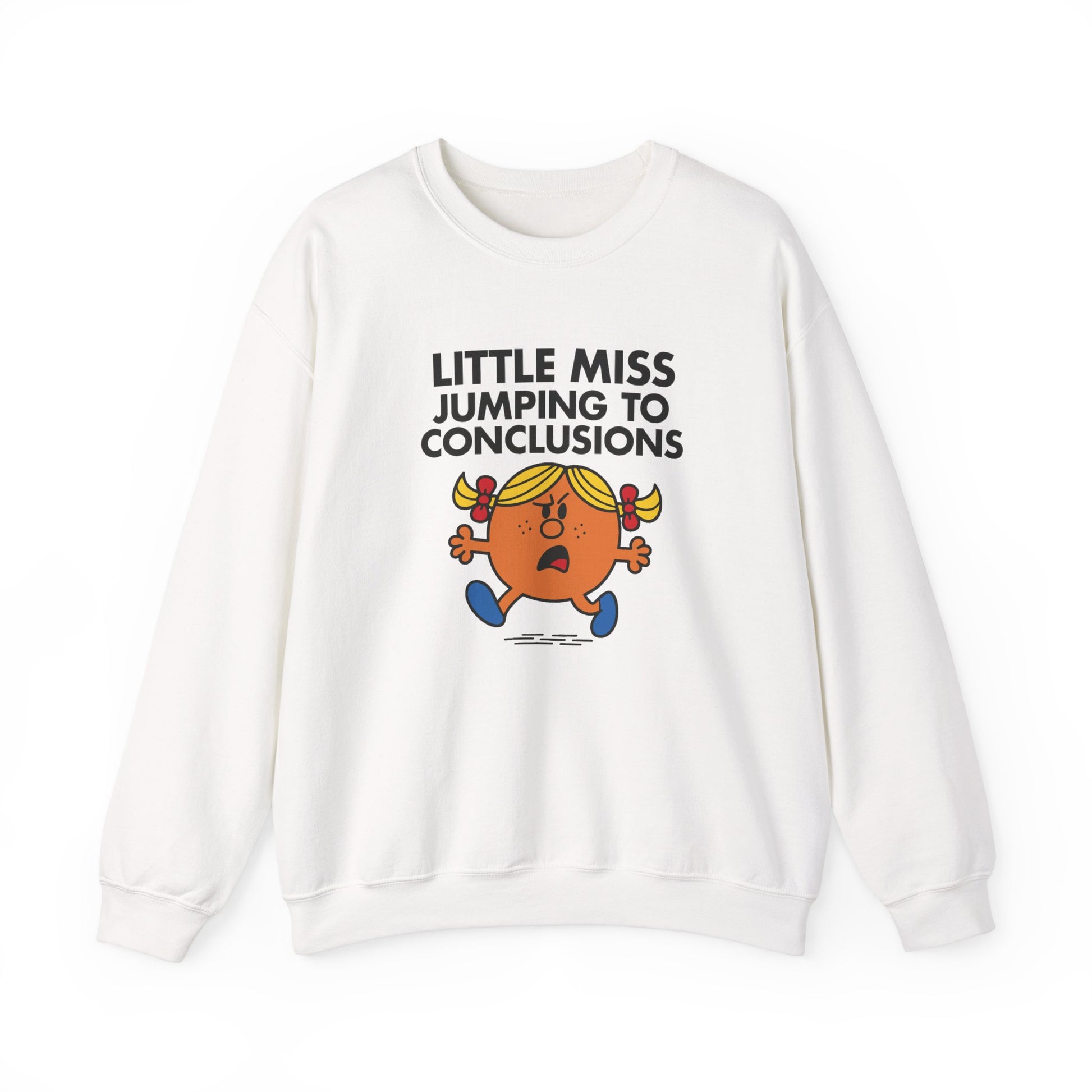 Front view of a white sweatshirt featuring the Little Miss Jumping To Conclusions cartoon graphic. Part of the Little Miss Meme Character Collection. A Vivid Divergence Sensory Friendly Sweater Jumper.

