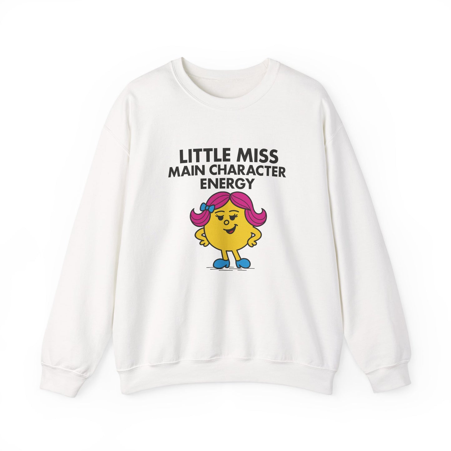 Front view of a white sweatshirt featuring the Little Miss Main Character Energy cartoon graphic. Part of the Little Miss Meme Character Collection. A Vivid Divergence Sensory Friendly Sweater Jumper.
