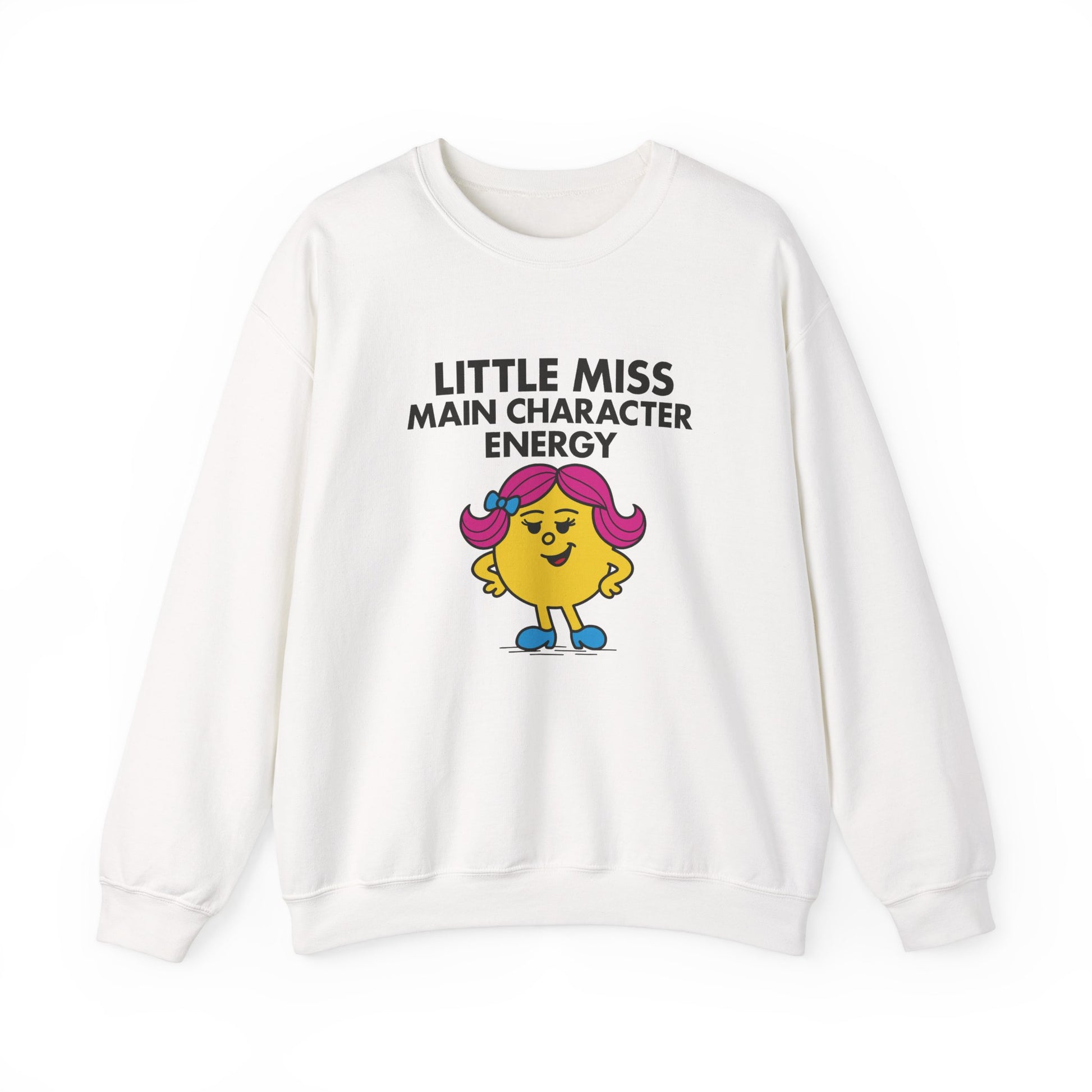 Front view of a white sweatshirt featuring the Little Miss Main Character Energy cartoon graphic. Part of the Little Miss Meme Character Collection. A Vivid Divergence Sensory Friendly Sweater Jumper.
