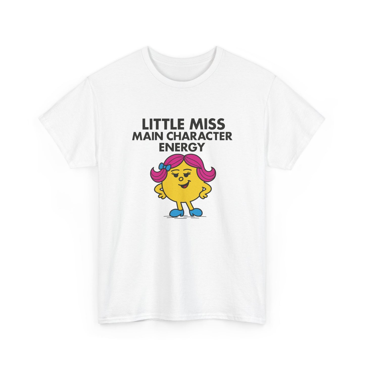 Front view of a white T-shirt featuring the Little Miss Main Character Energy cartoon graphic. Part of the Little Miss Meme Character Collection. A Vivid Divergence Sensory Friendly Unisex Tee.
