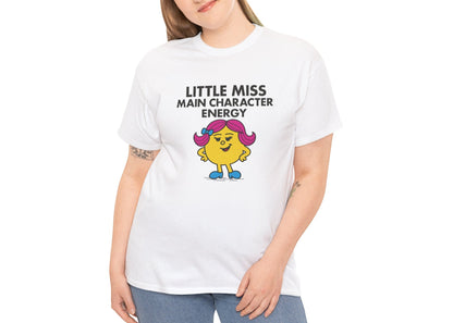 Person wearing the Little Miss Main Character Energy T-shirt with light-wash jeans. Part of the Little Miss Meme Character Collection. A Vivid Divergence Sensory Friendly Unisex Tee.
