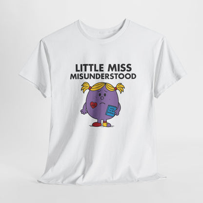 White Little Miss Misunderstood T-shirt laid flat to display the full design. Part of the Little Miss Meme Character Collection. A Vivid Divergence Sensory Friendly Unisex Tee.
