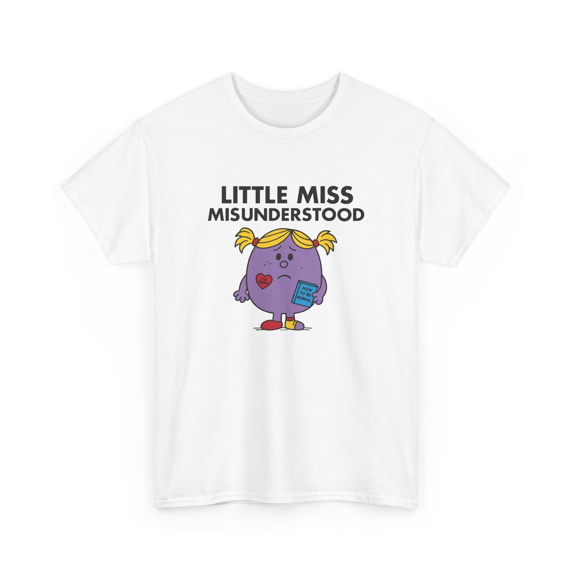 Front view of a white T-shirt featuring the Little Miss Misunderstood cartoon graphic. Part of the Little Miss Meme Character Collection. A Vivid Divergence Sensory Friendly Unisex Tee.
