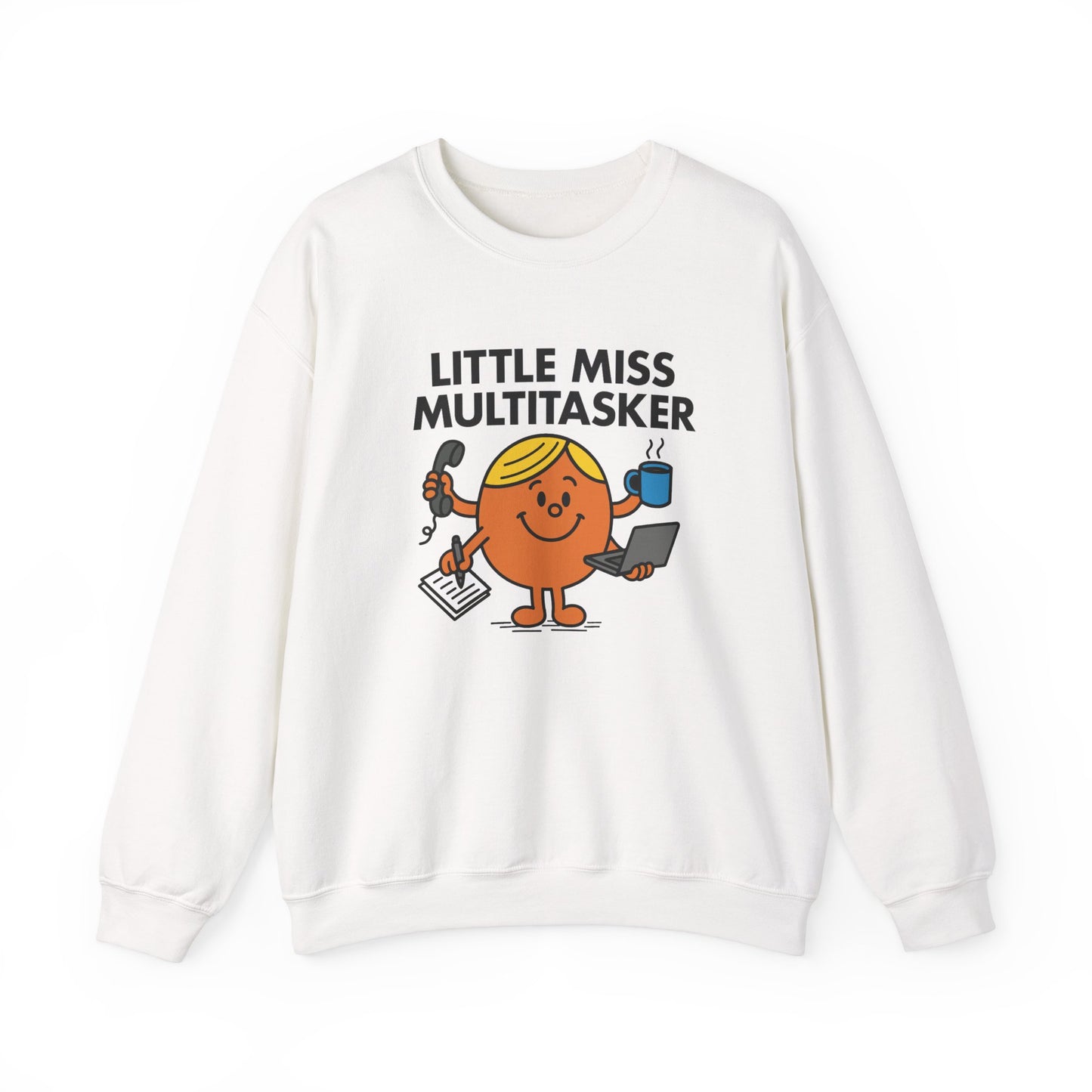 Front view of a white sweatshirt featuring the Little Miss Multitasker cartoon graphic. Part of the Little Miss Meme Character Collection. A Vivid Divergence Sensory Friendly Sweater Jumper.
