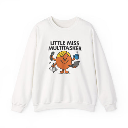Front view of a white sweatshirt featuring the Little Miss Multitasker cartoon graphic. Part of the Little Miss Meme Character Collection. A Vivid Divergence Sensory Friendly Sweater Jumper.
