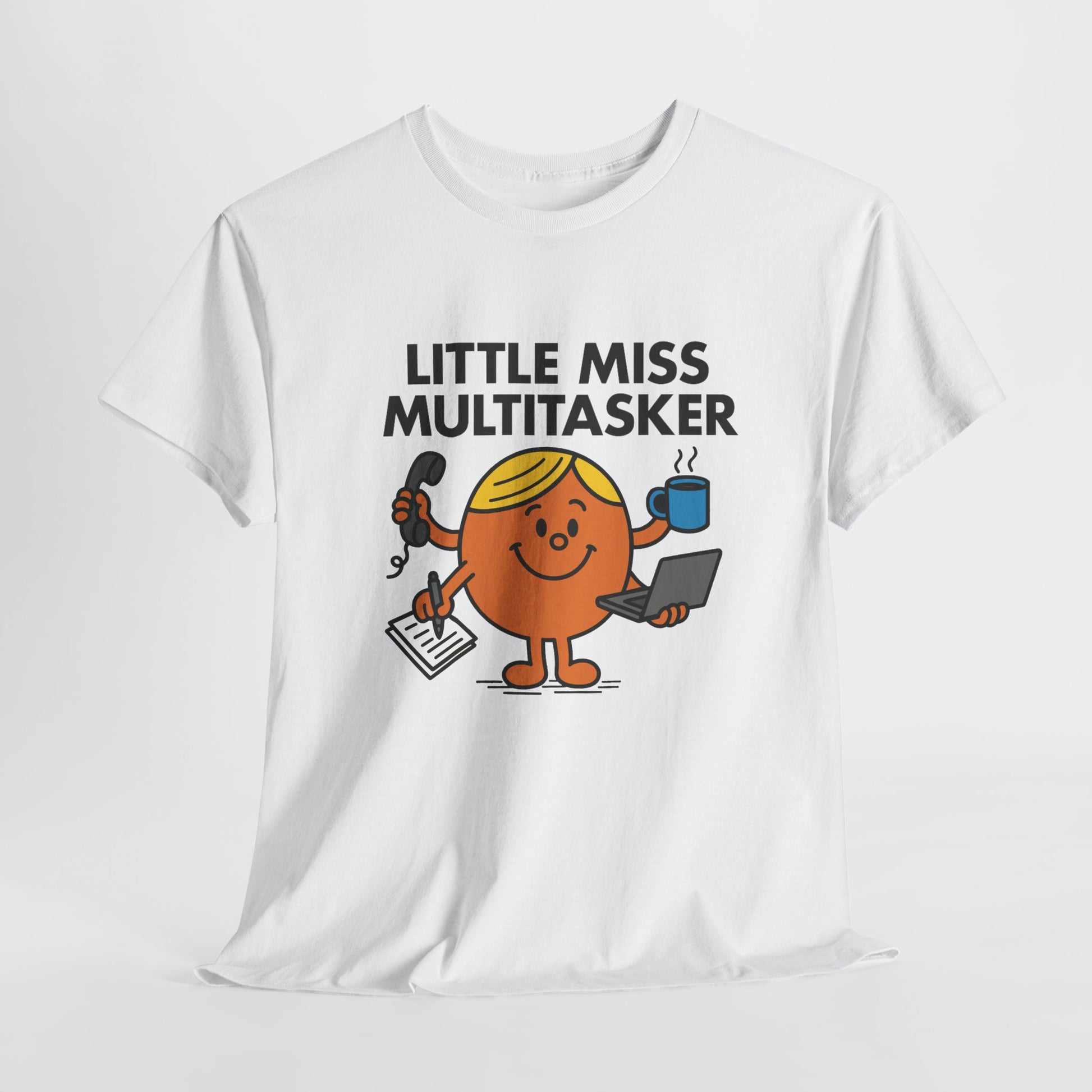 White Little Miss Multitasker T-shirt laid flat to highlight the design. Part of the Little Miss Meme Character Collection. A Vivid Divergence Sensory Friendly Unisex Tee.
