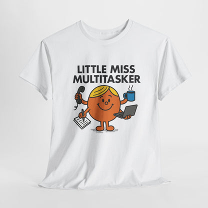 White Little Miss Multitasker T-shirt laid flat to highlight the design. Part of the Little Miss Meme Character Collection. A Vivid Divergence Sensory Friendly Unisex Tee.
