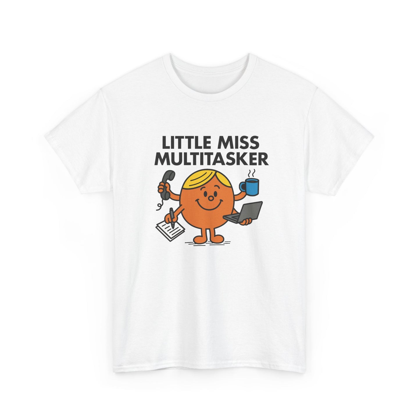Front view of a white T-shirt featuring the Little Miss Multitasker cartoon graphic. Part of the Little Miss Meme Character Collection. A Vivid Divergence Sensory Friendly Unisex Tee.

