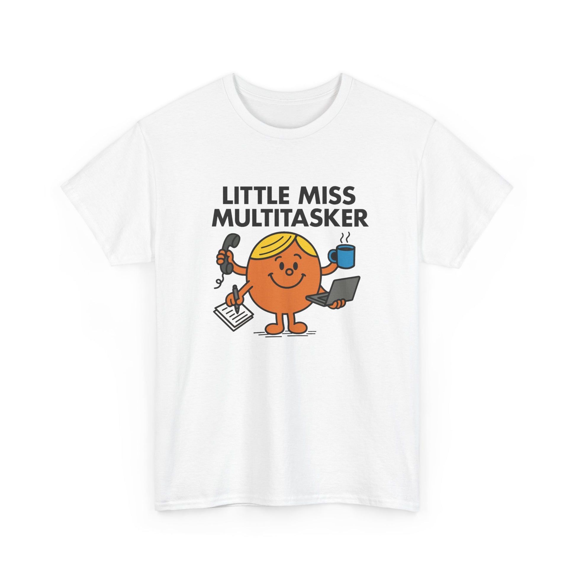 Front view of a white T-shirt featuring the Little Miss Multitasker cartoon graphic. Part of the Little Miss Meme Character Collection. A Vivid Divergence Sensory Friendly Unisex Tee.
