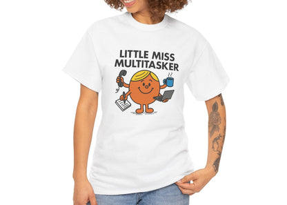 Person wearing the Little Miss Multitasker T-shirt styled with jeans. Part of the Little Miss Meme Character Collection. A Vivid Divergence Sensory Friendly Unisex Tee.
