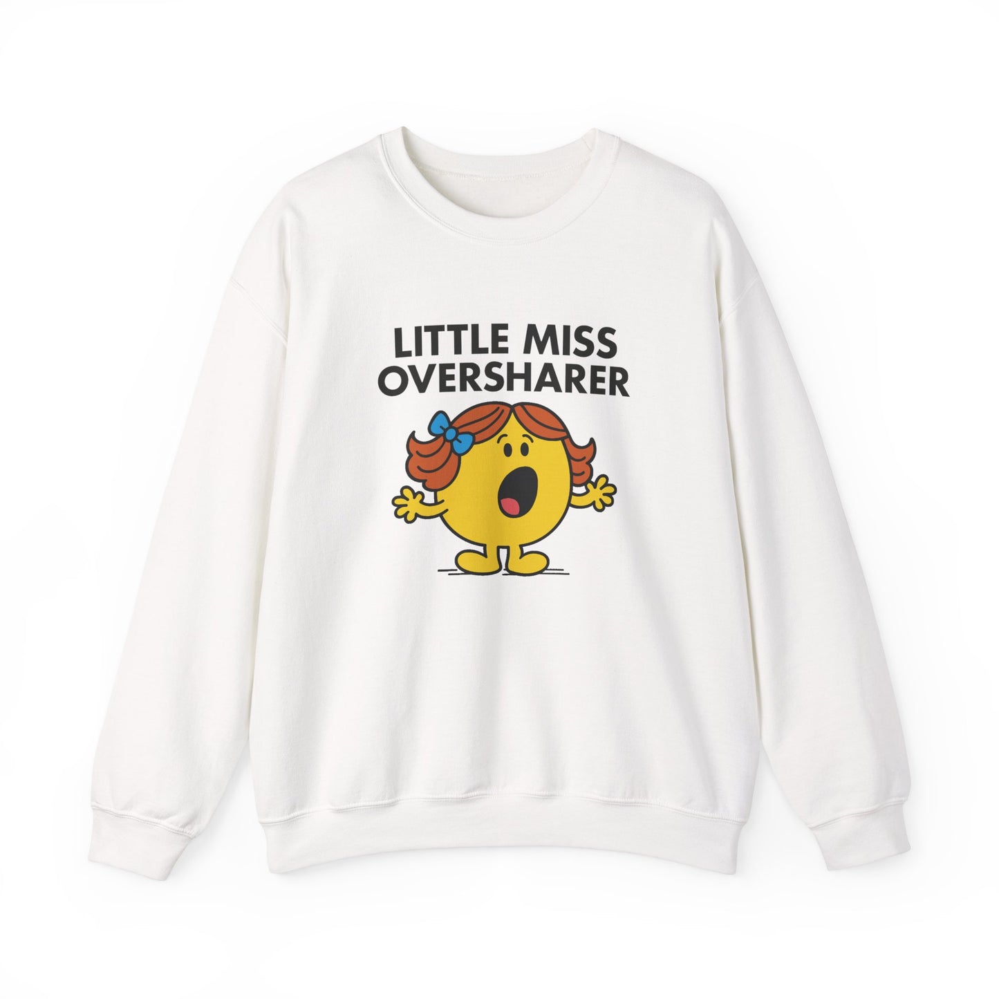 Front view of a white sweatshirt featuring the Little Miss Oversharer cartoon graphic. Part of the Little Miss Meme Character Collection. A Vivid Divergence Sensory Friendly Sweater Jumper.
