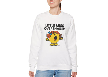 Person wearing the Little Miss Oversharer sweatshirt with casual jeans. Part of the Little Miss Meme Character Collection. A Vivid Divergence Sensory Friendly Sweater Jumper.
