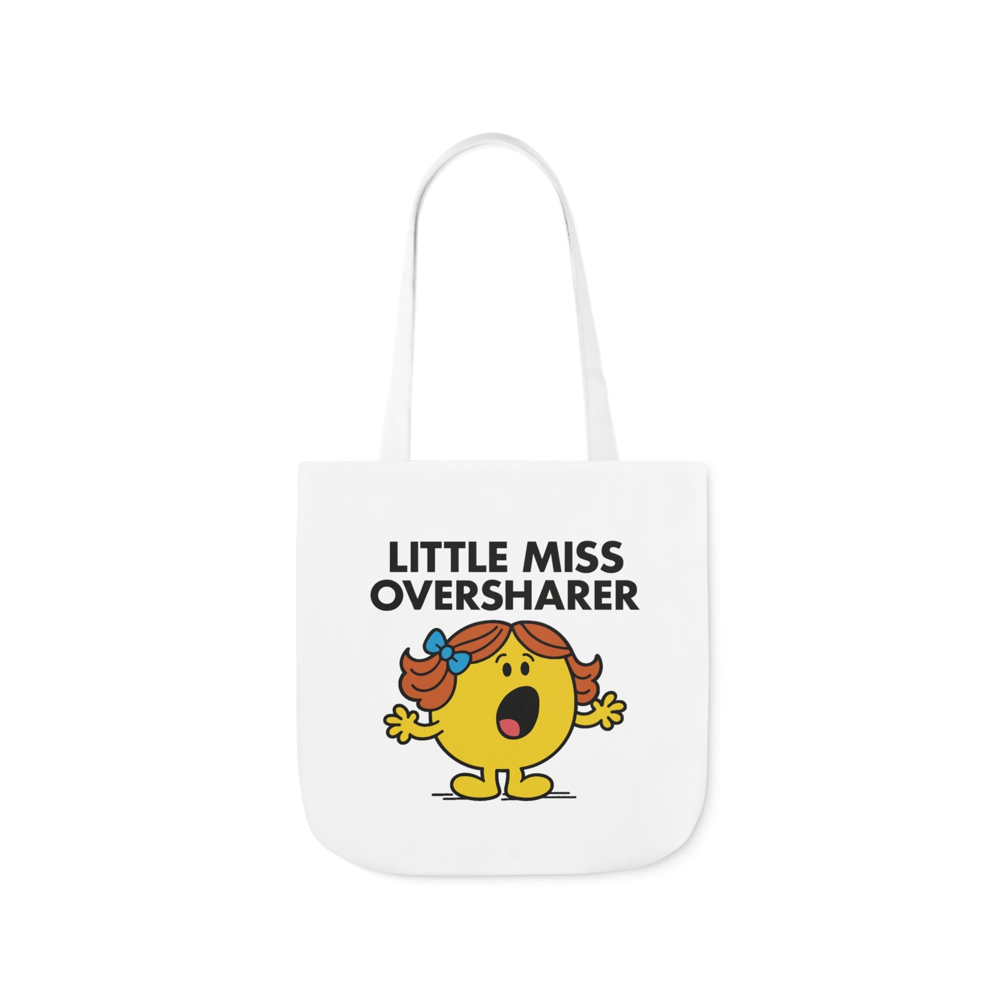 Straight-on view of tote bag showing Little Miss Oversharer deep in a very personal story. It’s 8:03 a.m. at the bus stop. Part of the Vivid Divergence Little Miss Meme Collection!
