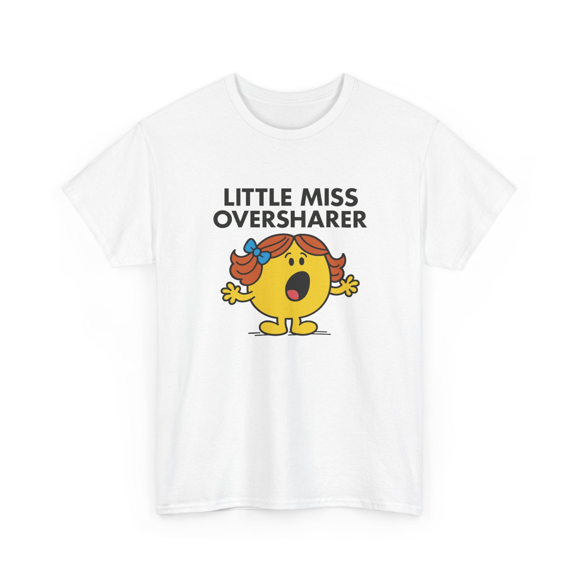 Front view of a white T-shirt featuring the Little Miss Oversharer cartoon graphic. Part of the Little Miss Meme Character Collection. A Vivid Divergence Sensory Friendly Unisex Tee.
