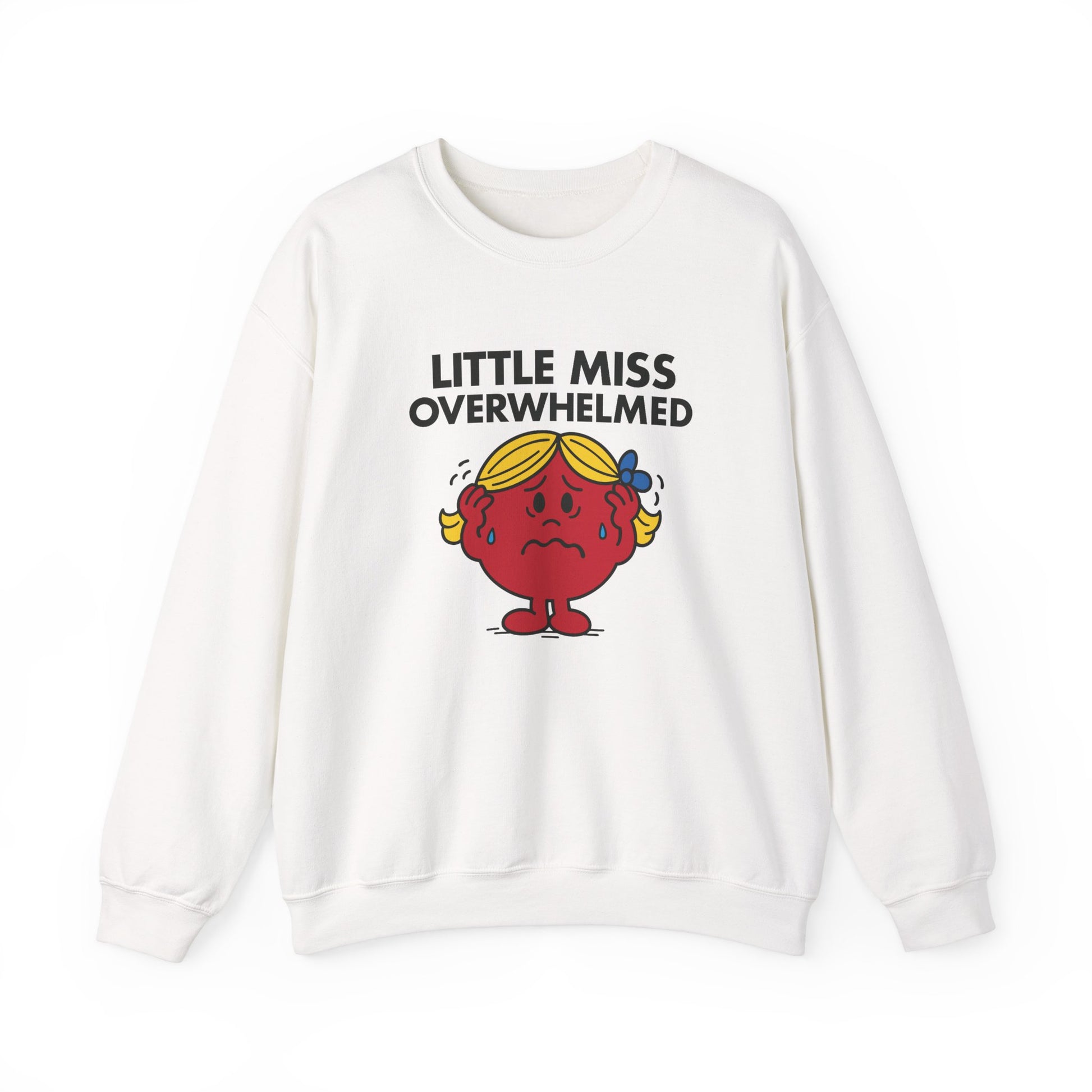 Front view of a white sweatshirt featuring the Little Miss Overwhelmed cartoon graphic. Part of the Little Miss Meme Character Collection. A Vivid Divergence Sensory Friendly Sweater Jumper.
