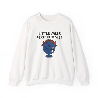 Front view of a white sweatshirt featuring the Little Miss Perfectionist cartoon graphic. Part of the Little Miss Meme Character Collection. A Vivid Divergence Sensory Friendly Sweater Jumper.
