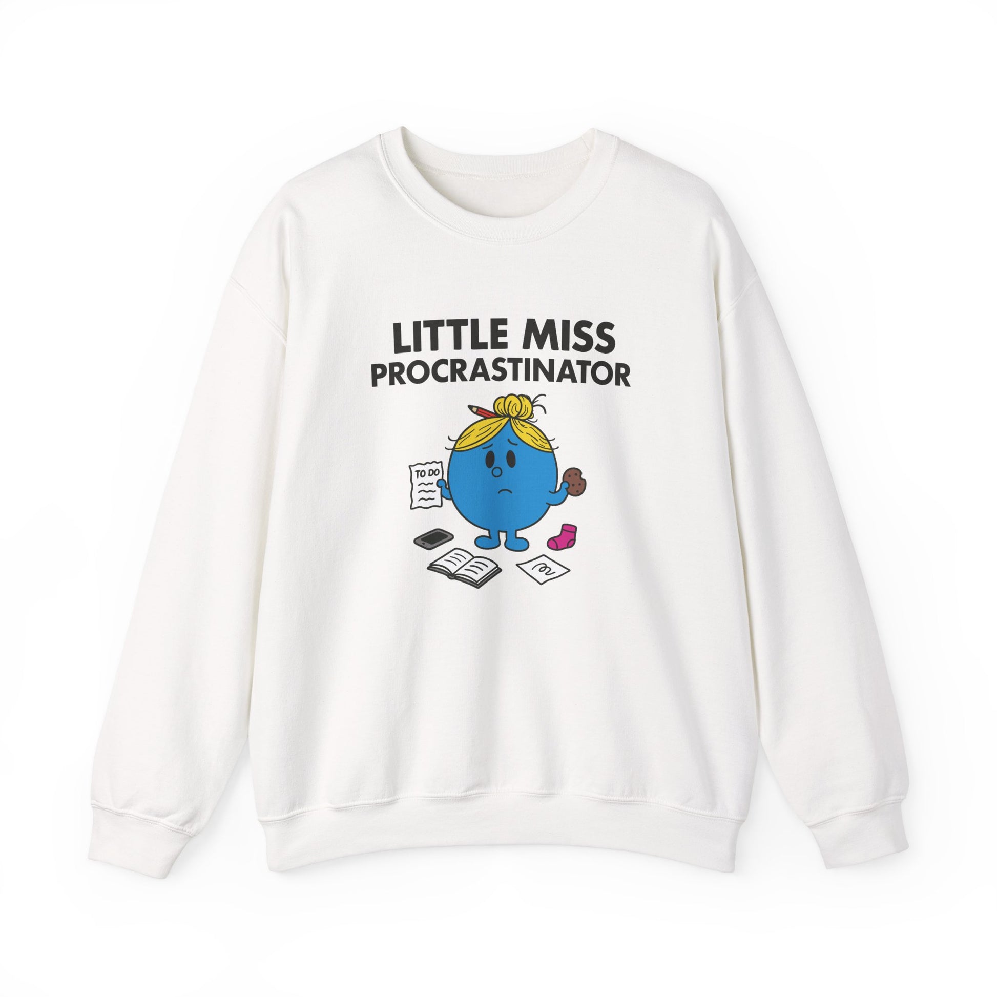 Front view of a white sweatshirt featuring the Little Miss Procrastinator cartoon graphic. Part of the Little Miss Meme Character Collection. A Vivid Divergence Sensory Friendly Sweater Jumper.
