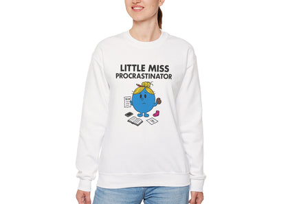 Person wearing the Little Miss Procrastinator sweatshirt with blue jeans. Part of the Little Miss Meme Character Collection. A Vivid Divergence Sensory Friendly Sweater Jumper.
