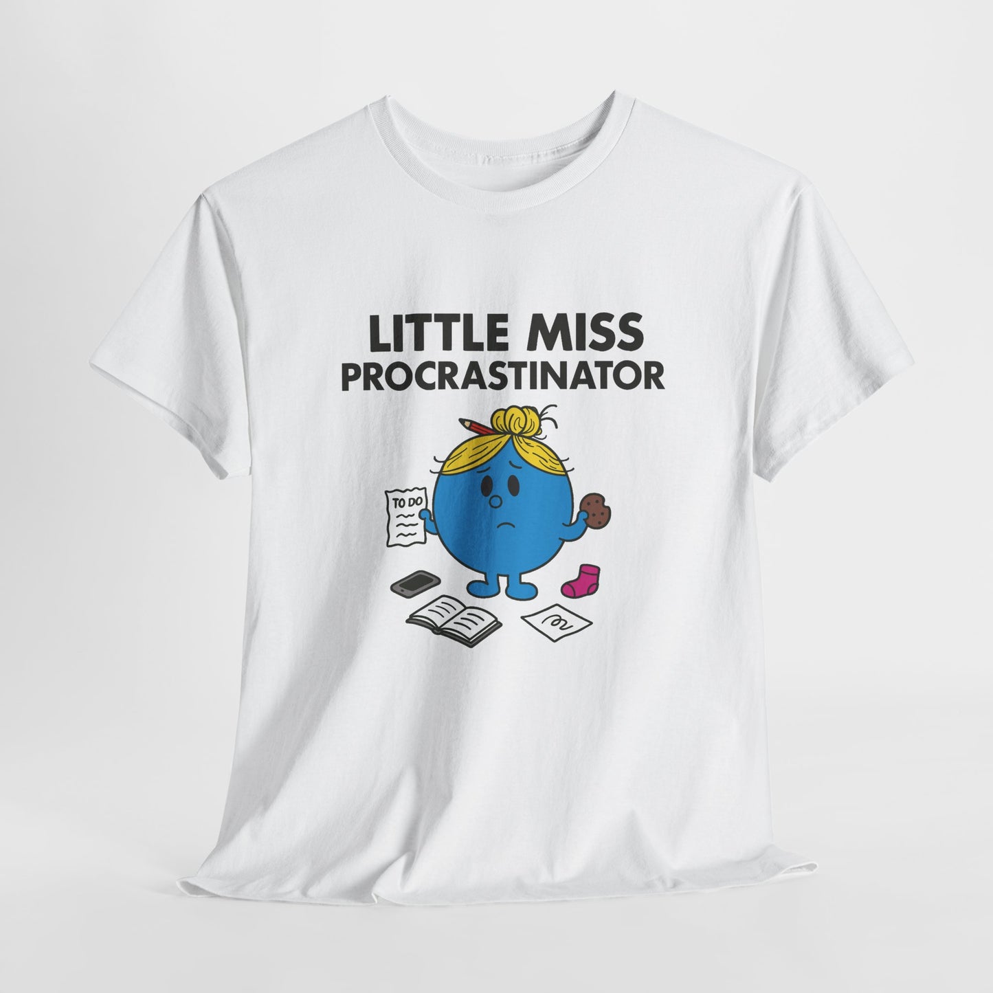 White Little Miss Procrastinator T-shirt laid flat to show the full design. Part of the Little Miss Meme Character Collection. A Vivid Divergence Sensory Friendly Unisex Tee.
