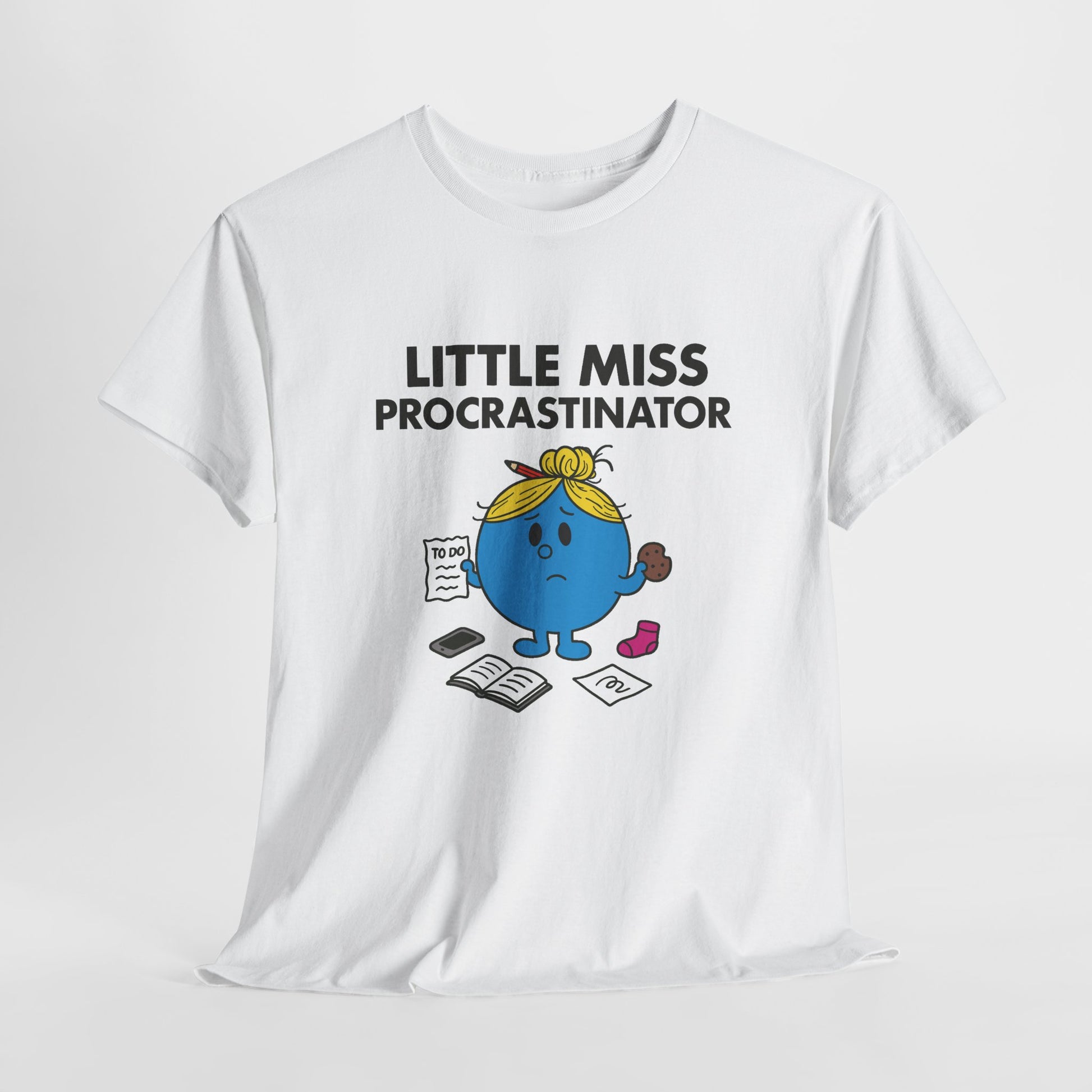 White Little Miss Procrastinator T-shirt laid flat to show the full design. Part of the Little Miss Meme Character Collection. A Vivid Divergence Sensory Friendly Unisex Tee.
