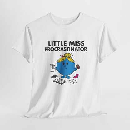 White Little Miss Procrastinator T-shirt laid flat to show the full design. Part of the Little Miss Meme Character Collection. A Vivid Divergence Sensory Friendly Unisex Tee.
