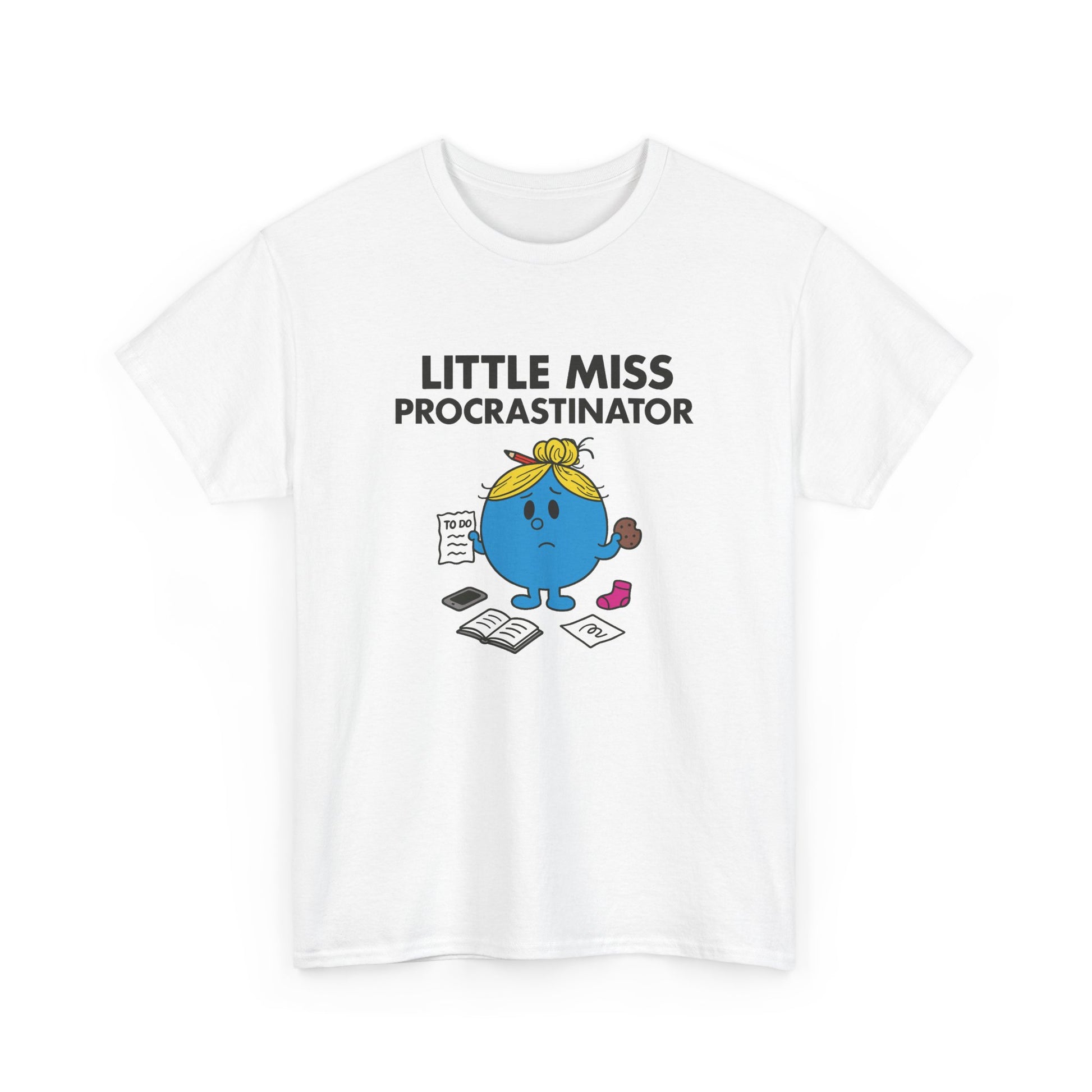 Front view of a white T-shirt featuring the Little Miss Procrastinator cartoon graphic. Part of the Little Miss Meme Character Collection. A Vivid Divergence Sensory Friendly Unisex Tee.
