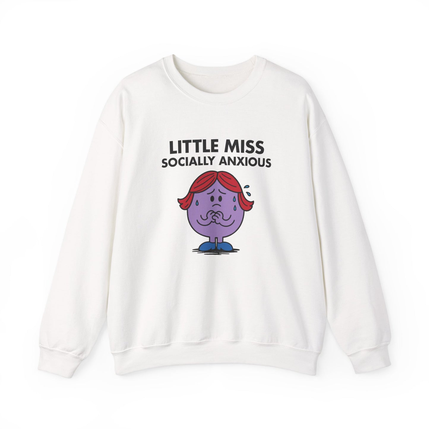 Front view of a white sweatshirt featuring the Little Miss Socially Anxious cartoon graphic. Part of the Little Miss Meme Character Collection. A Vivid Divergence Sensory Friendly Sweater Jumper.
