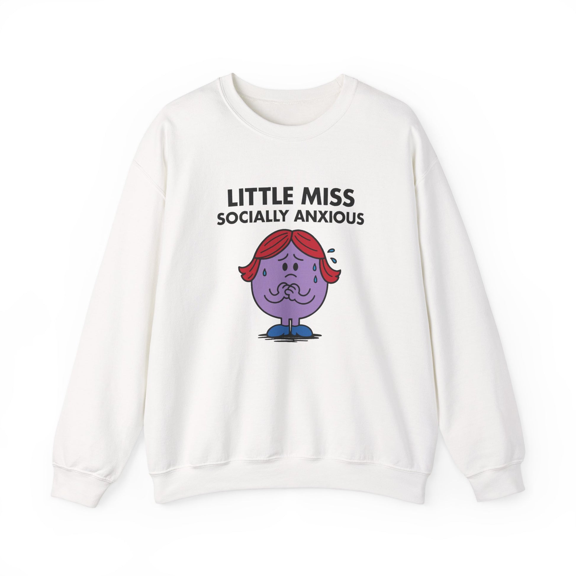 Front view of a white sweatshirt featuring the Little Miss Socially Anxious cartoon graphic. Part of the Little Miss Meme Character Collection. A Vivid Divergence Sensory Friendly Sweater Jumper.
